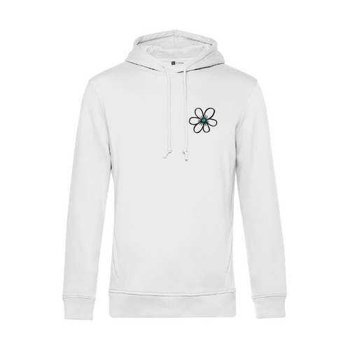 Weißer Hoodie Original Happy Flower von Chaoss, Frontansicht mit kleinem Blumen-Print