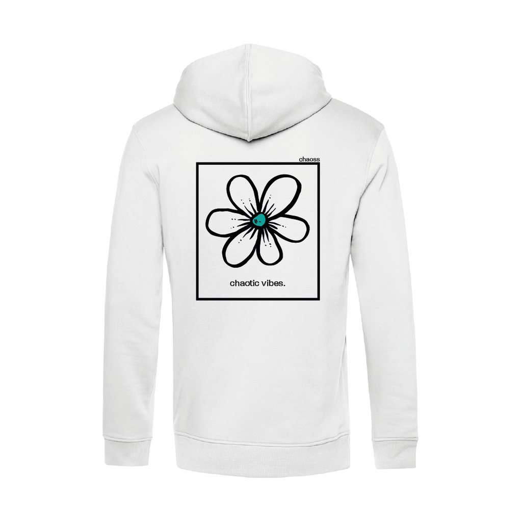 Weißer Hoodie Original Happy Flower von Chaoss, Rückansicht mit großem Blumen-Print