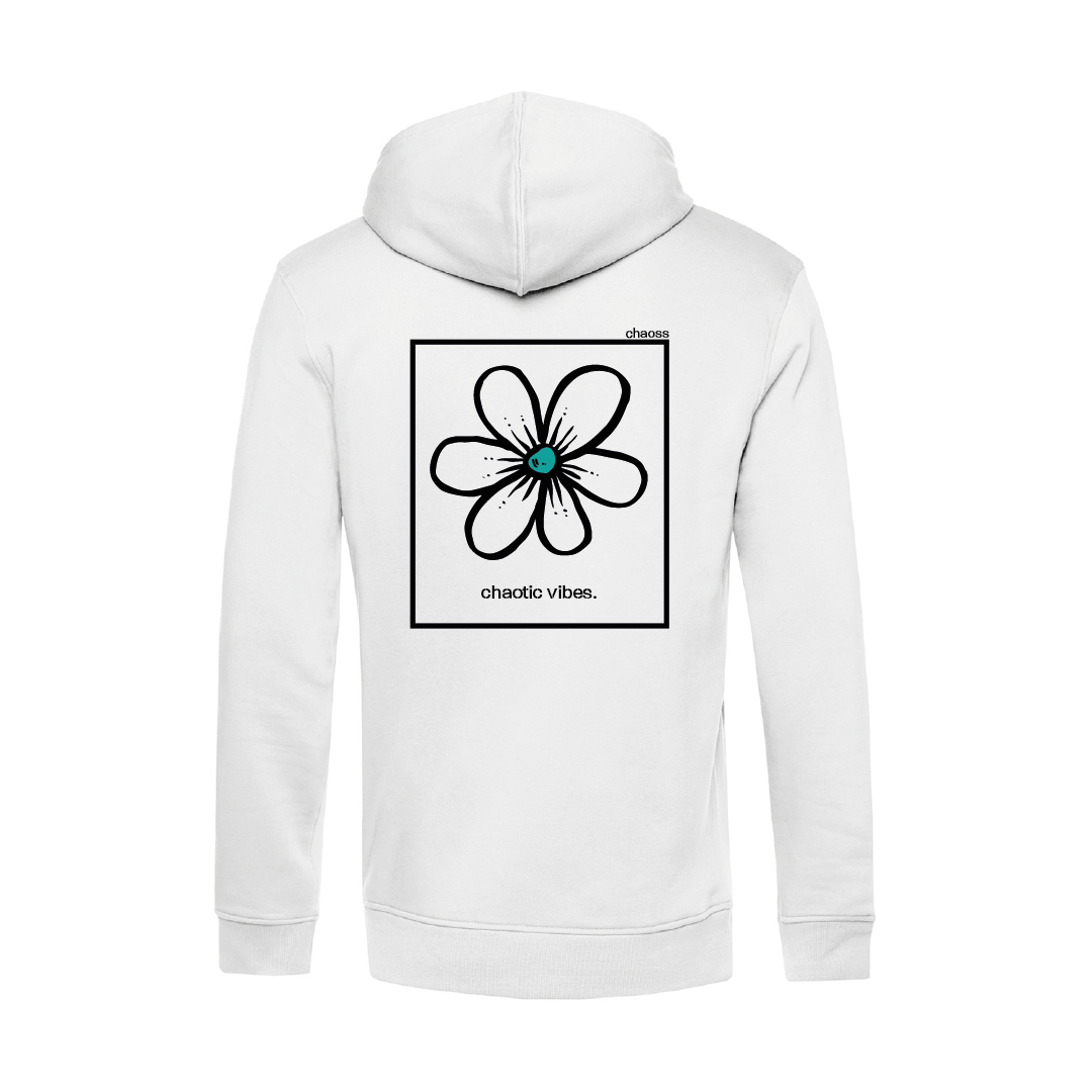 Weißer Hoodie Original Happy Flower von Chaoss, Rückansicht mit großem Blumen-Print