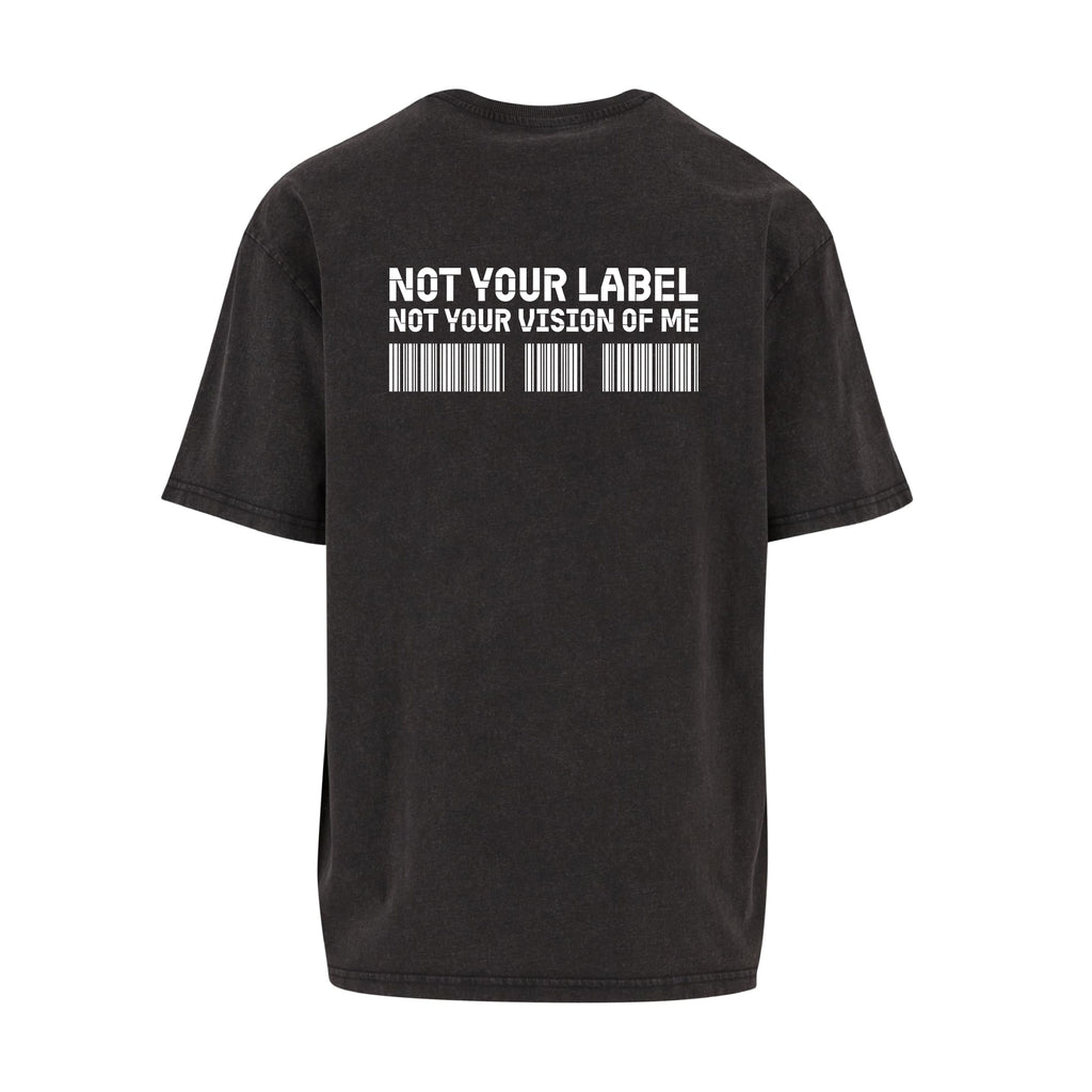 Schwarzes oversized T-Shirt „not your Label" von Chaoss, Rückansicht mit großem Statement-Print