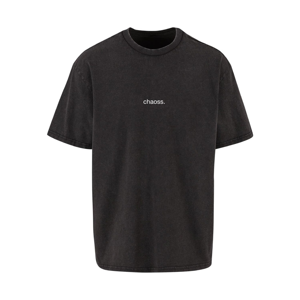 Schwarzes oversized T-Shirt „not your Label", Frontansicht mit kleinem Chaoss Schriftzug