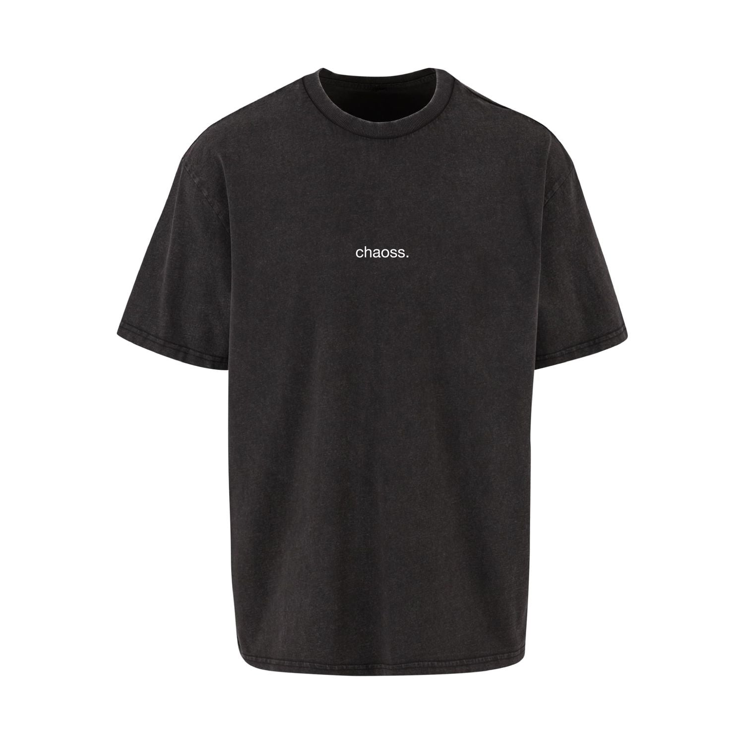 Schwarzes oversized T-Shirt „not your Label", Frontansicht mit kleinem Chaoss Schriftzug