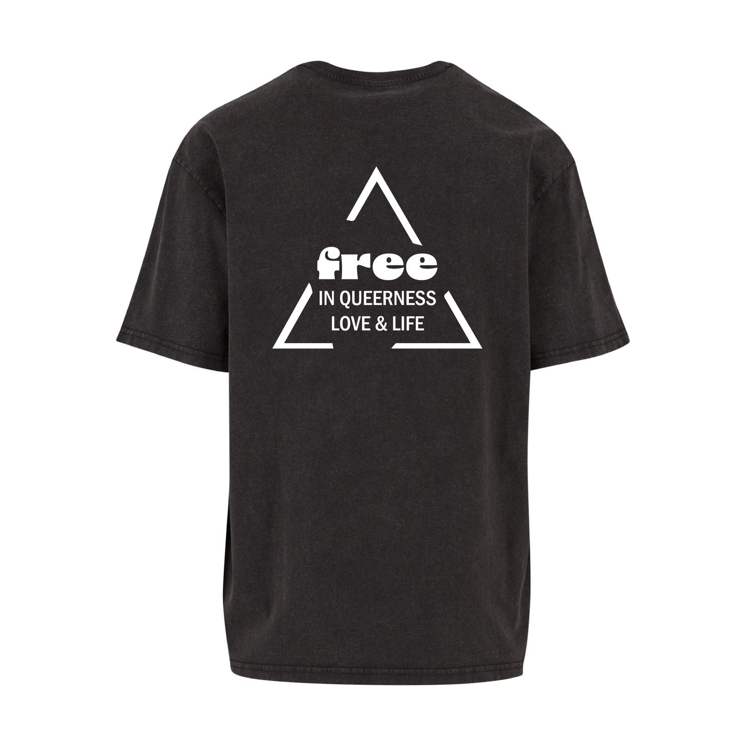 Schwarzes oversized T-Shirt free, Rückansicht mit dreieckigem Backprint