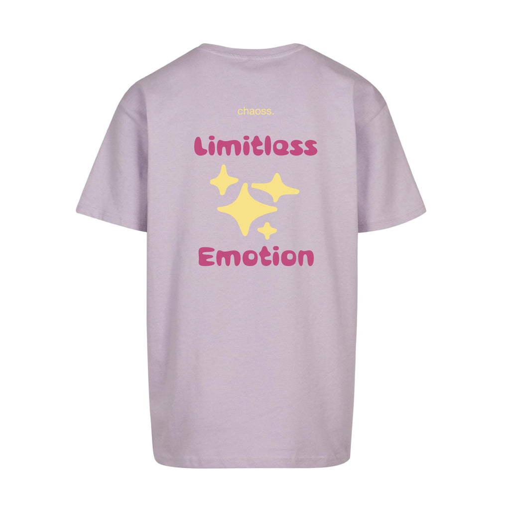 Pastelllila oversized T-Shirt Limitless Emotion von Chaoss, Rückansicht mit pink-gelben Print