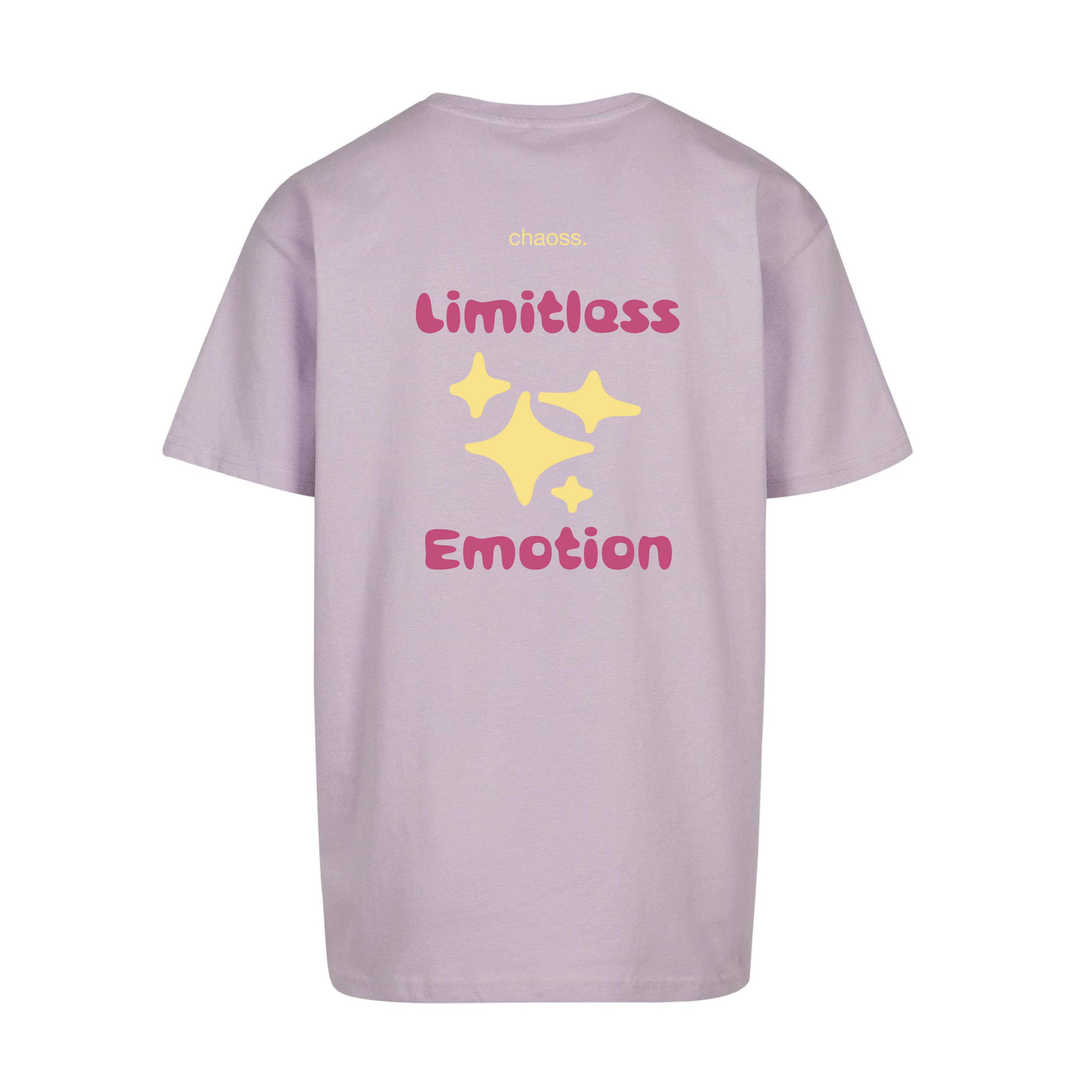 Pastelllila oversized T-Shirt Limitless Emotion von Chaoss, Rückansicht mit pink-gelben Print