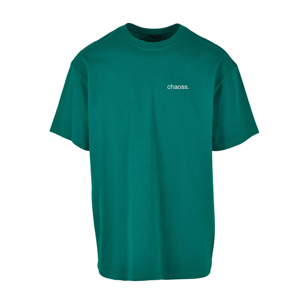 Dunkelgrünes oversized T-Shirt be your loudest self, Frontansicht mit kleinem Brustprint