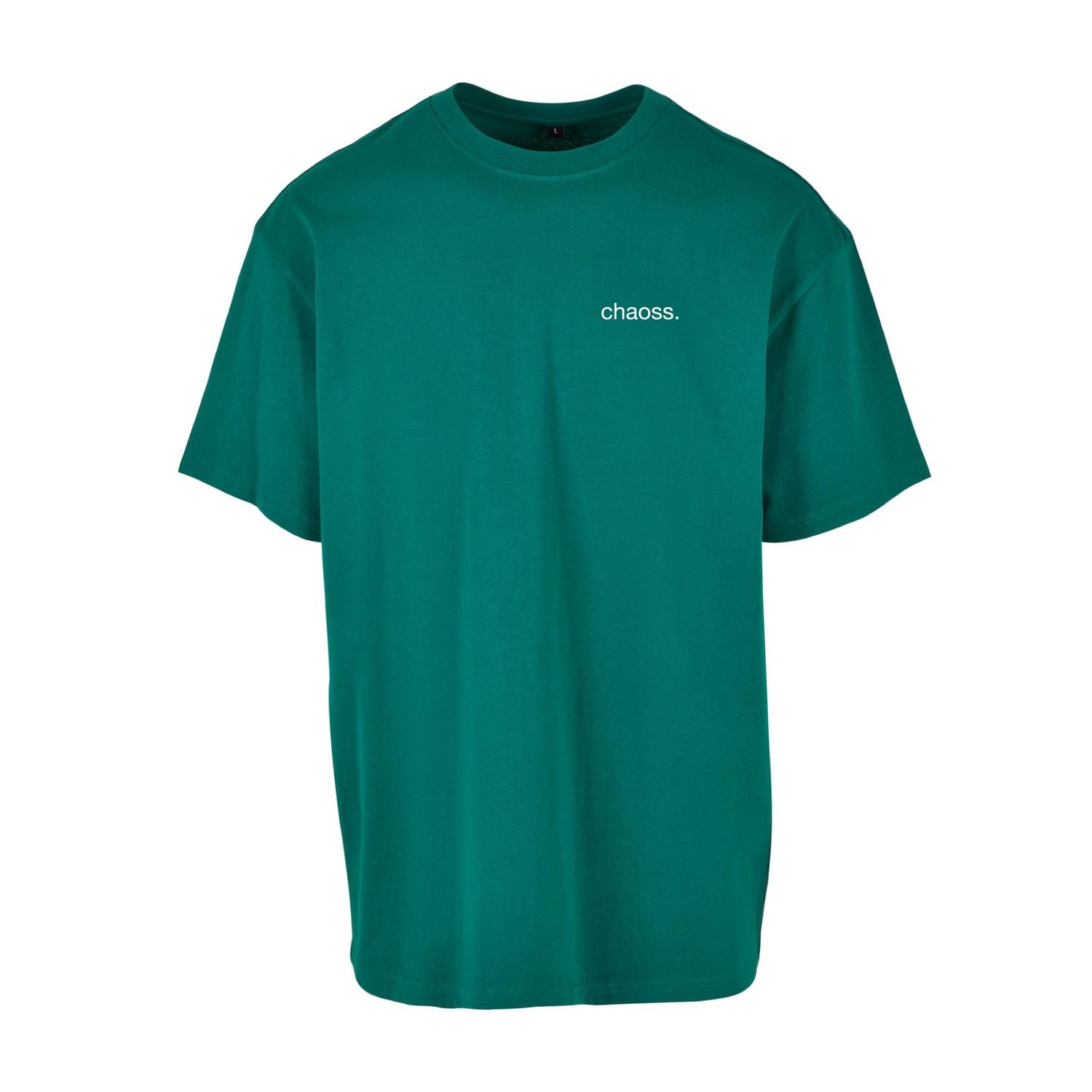 Dunkelgrünes oversized T-Shirt queer and loud, Frontansicht mit kleinem Chaoss Schriftzug