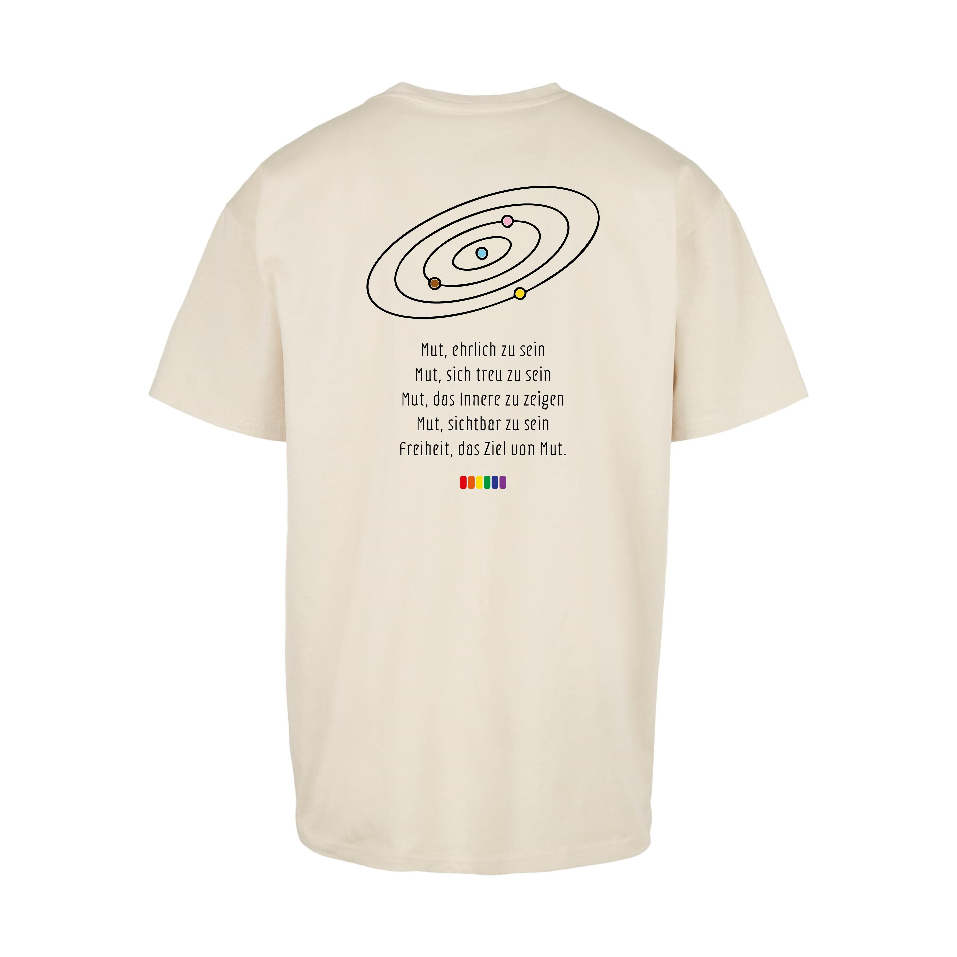 Sandfarbenes oversized T-Shirt „Mut ehrlich zu sein" von Chaoss, Rückansicht mit Statement-Print