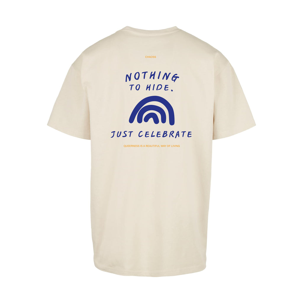 Sandfarbenes oversized T-Shirt Nothing to Hide von Chaoss, Rückansicht großem Backprint