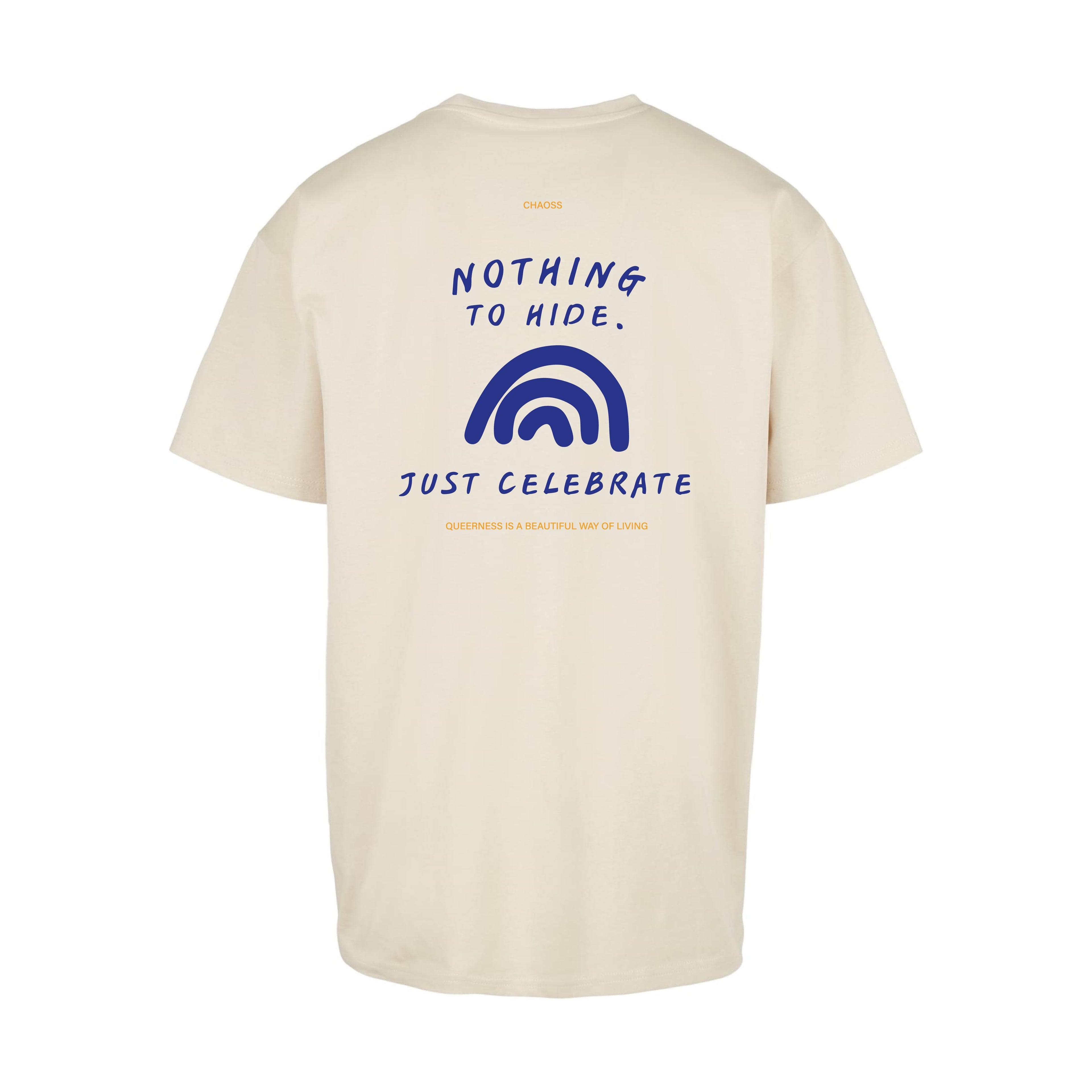 Sandfarbenes oversized T-Shirt Nothing to Hide von Chaoss, Rückansicht großem Backprint