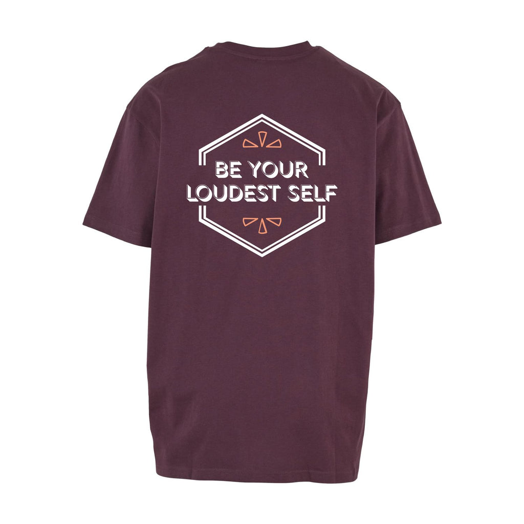 Plumpurple oversized T-Shirt be your loudest self von Chaoss, Rückansicht mit großem Statement-Print