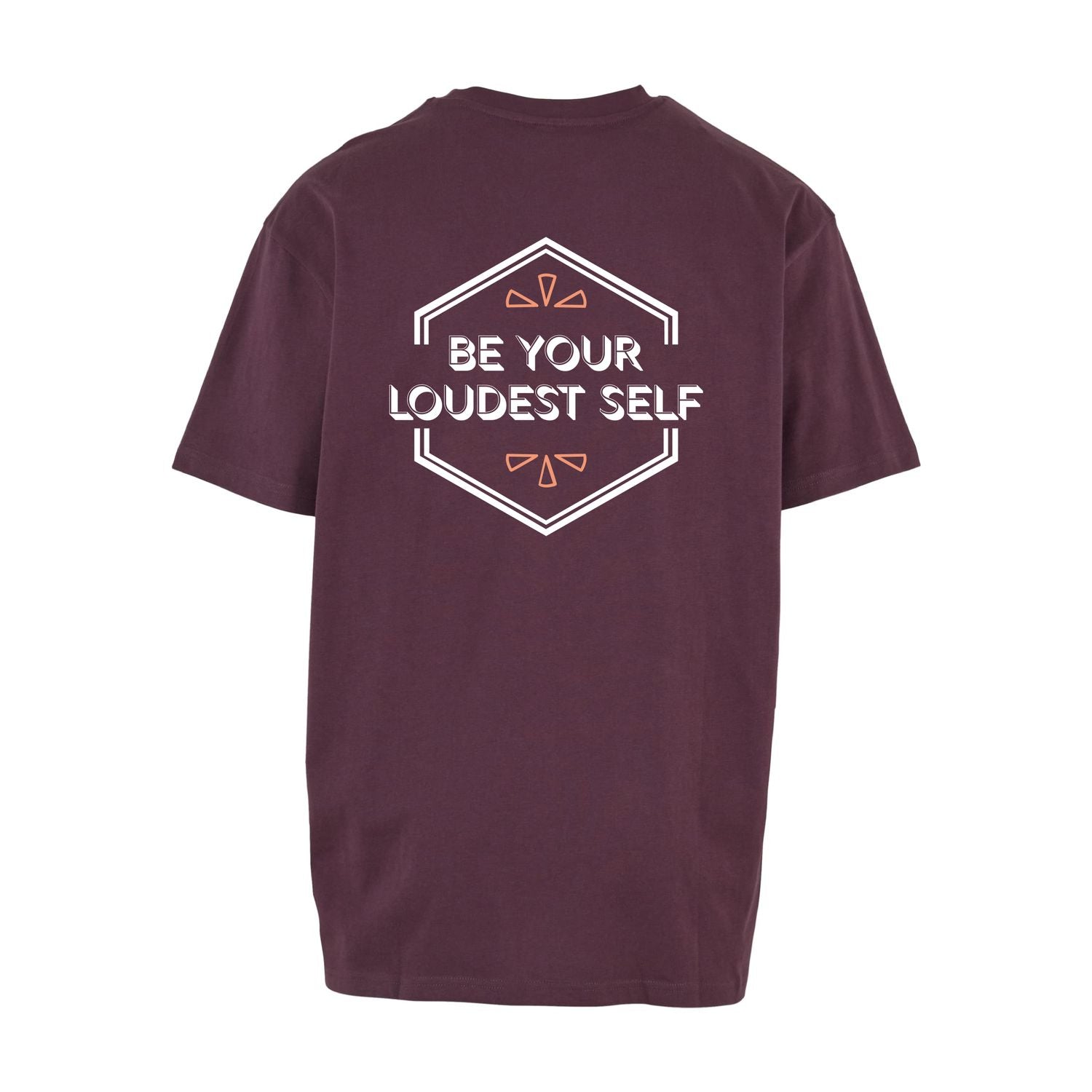 Plumpurple oversized T-Shirt be your loudest self von Chaoss, Rückansicht mit großem Statement-Print