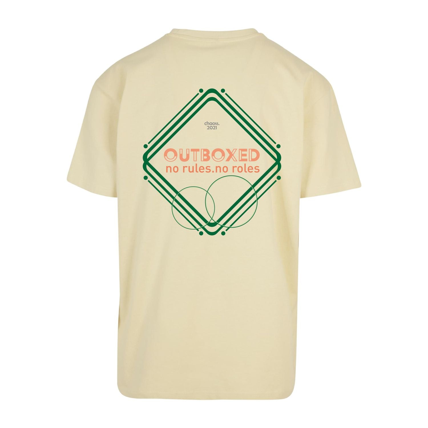Pastellgelbes oversized T-Shirt outboxed, Rückansicht mit großem Backprint