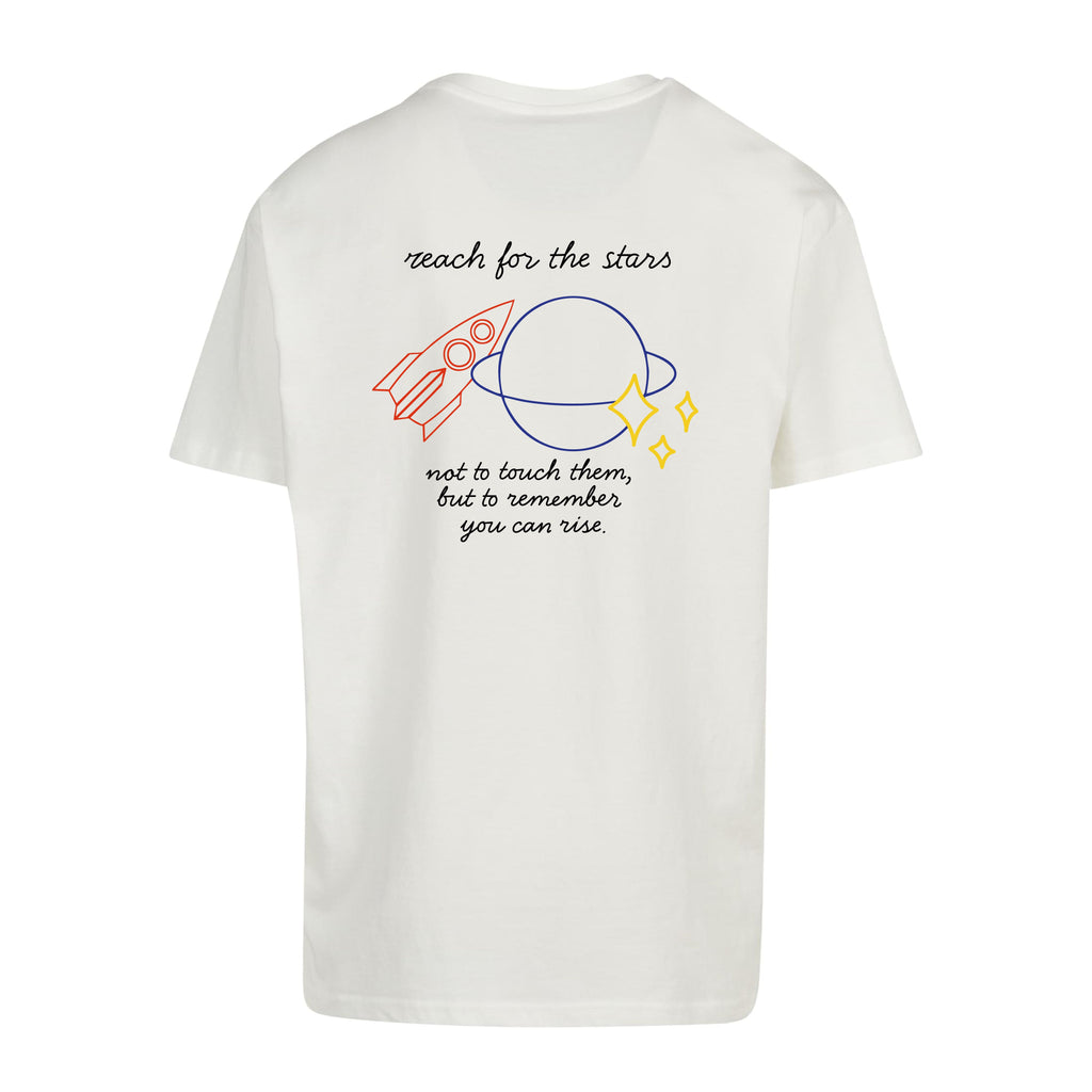 Weißes oversized T-Shirt reach for the stars von Chaoss, Rückansicht mit Statement-Print