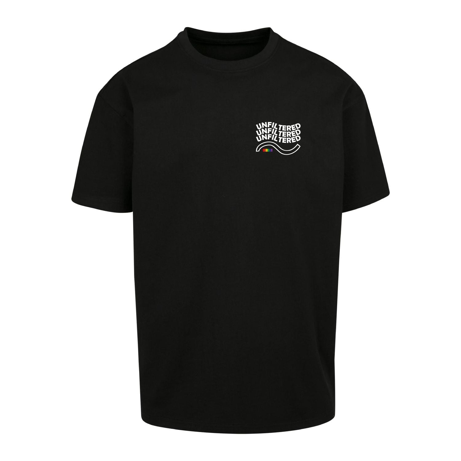 Schwarzes oversized T-Shirt unfiltered von Chaoss, Frontansicht mit kleinem Statement-Print