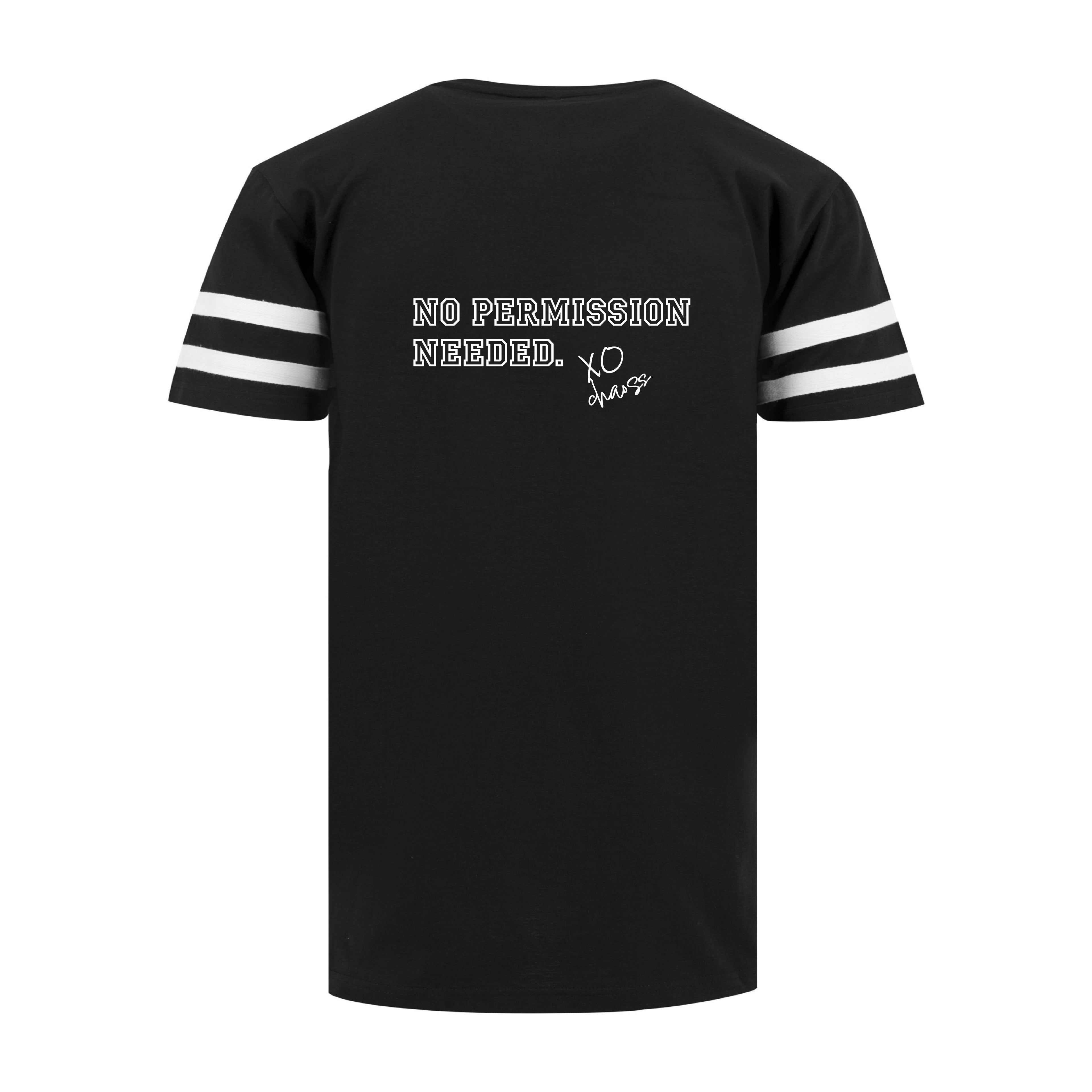 Schwarzes T-Shirt no permission needed von Chaoss, Frontansicht mit Statement-Print