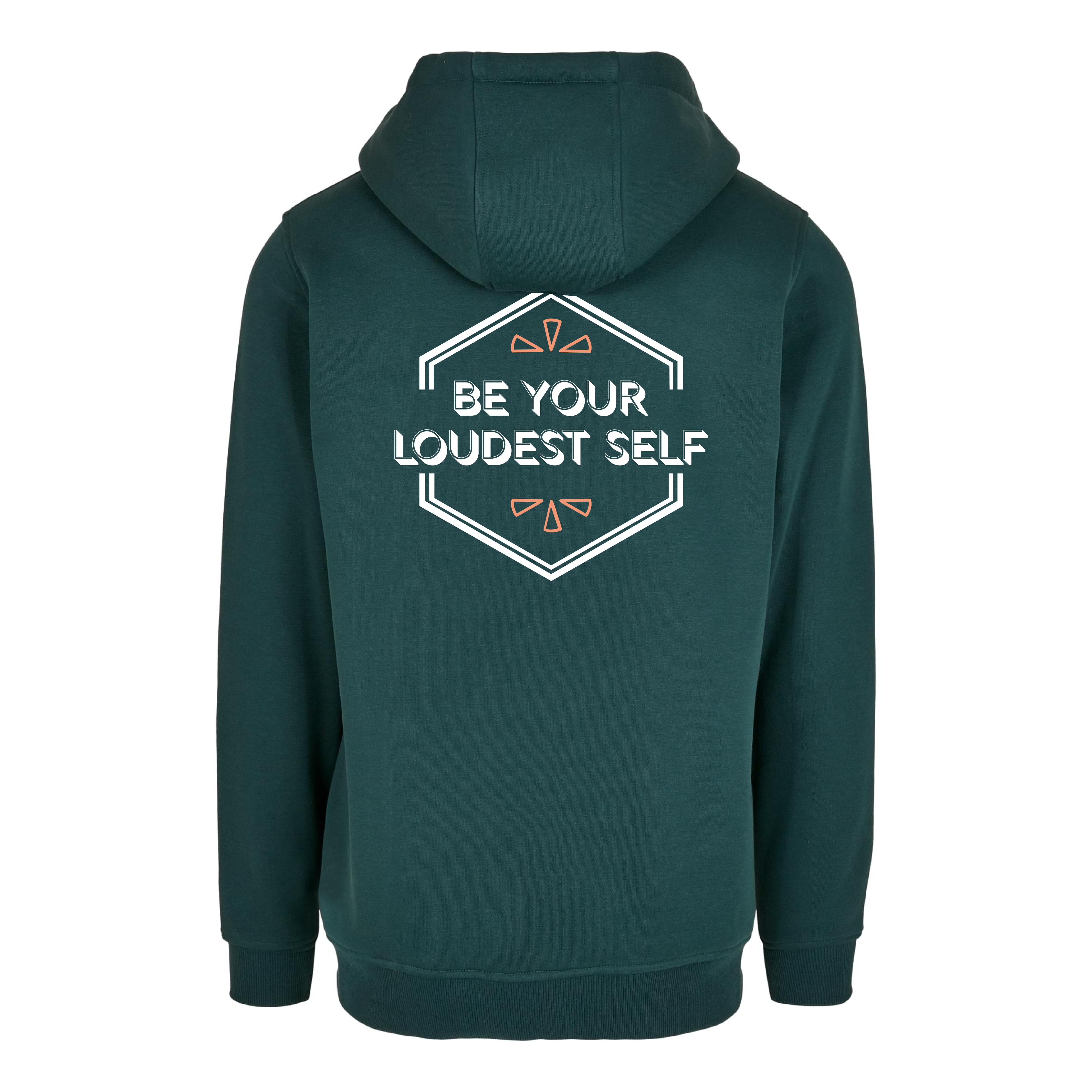 Dunkeltürkiser Hoodie Be your loudest self von Chaoss, Rückansicht mit Statement-Print