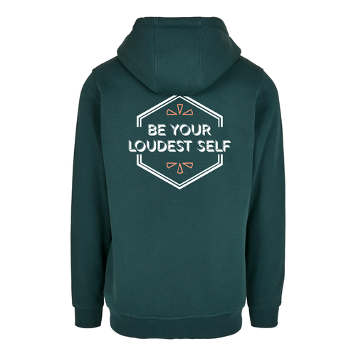 Dunkeltürkiser Hoodie Be your loudest self von Chaoss, Rückansicht mit Statement-Print