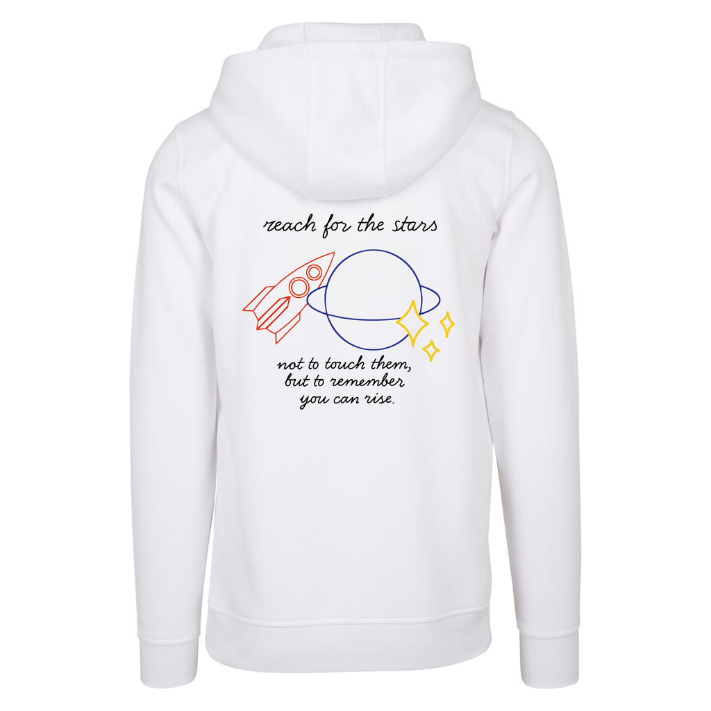 Weißer Hoodie Reach for the Stars, Rückansicht mit Weltraum Symbolen, großer Print