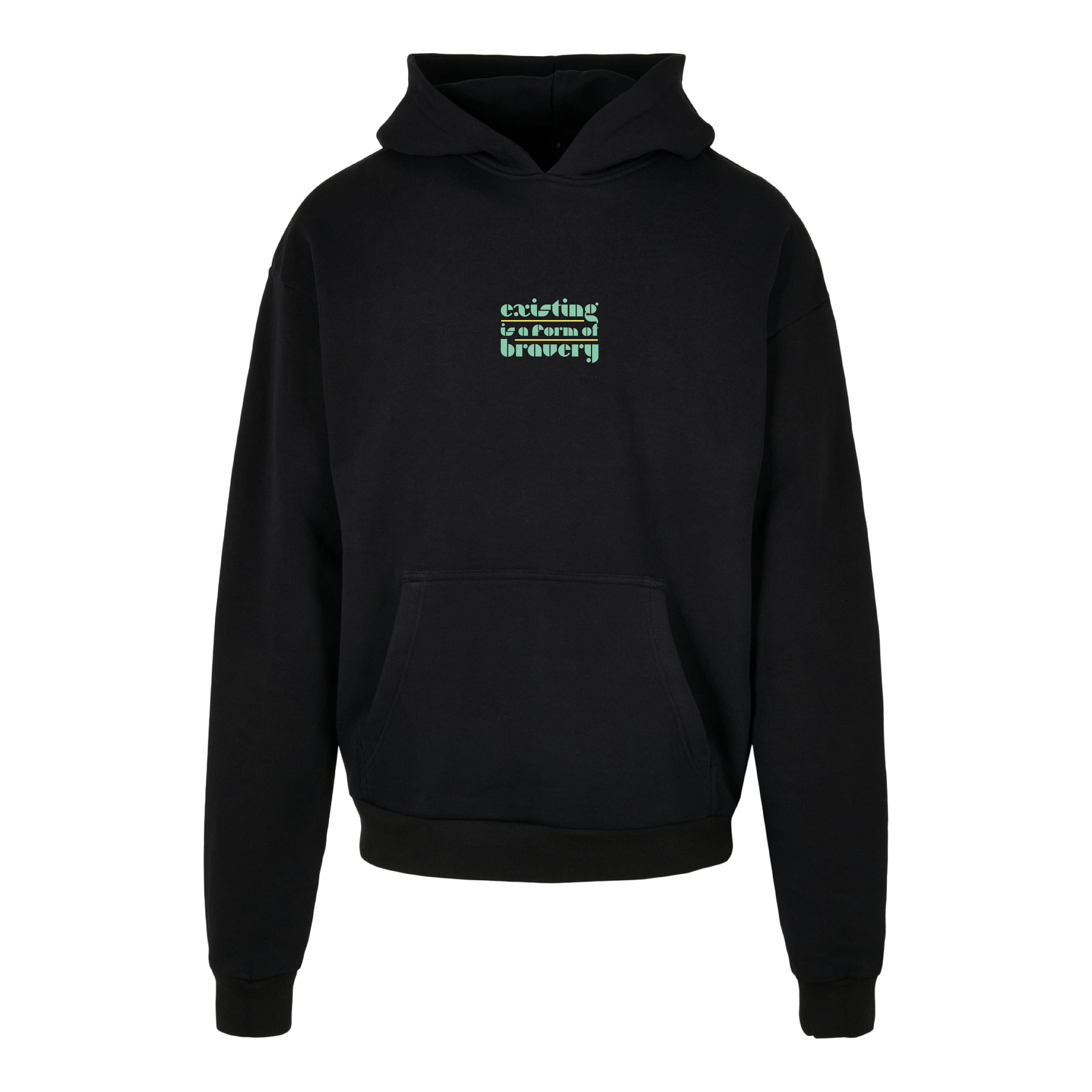 Schwarzer oversized Hoodie Existing is a form of bravery von Chaoss, Frontansicht mit kleinem Statement-Print