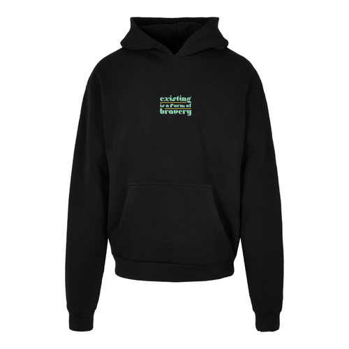 Schwarzer oversized Hoodie Existing is a form of bravery von Chaoss, Frontansicht mit kleinem Statement-Print