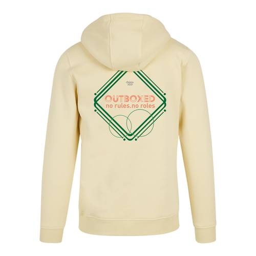 Gelber Hoodie Outboxed von Chaoss, Rückansicht mit großem grafischen Statement-Print