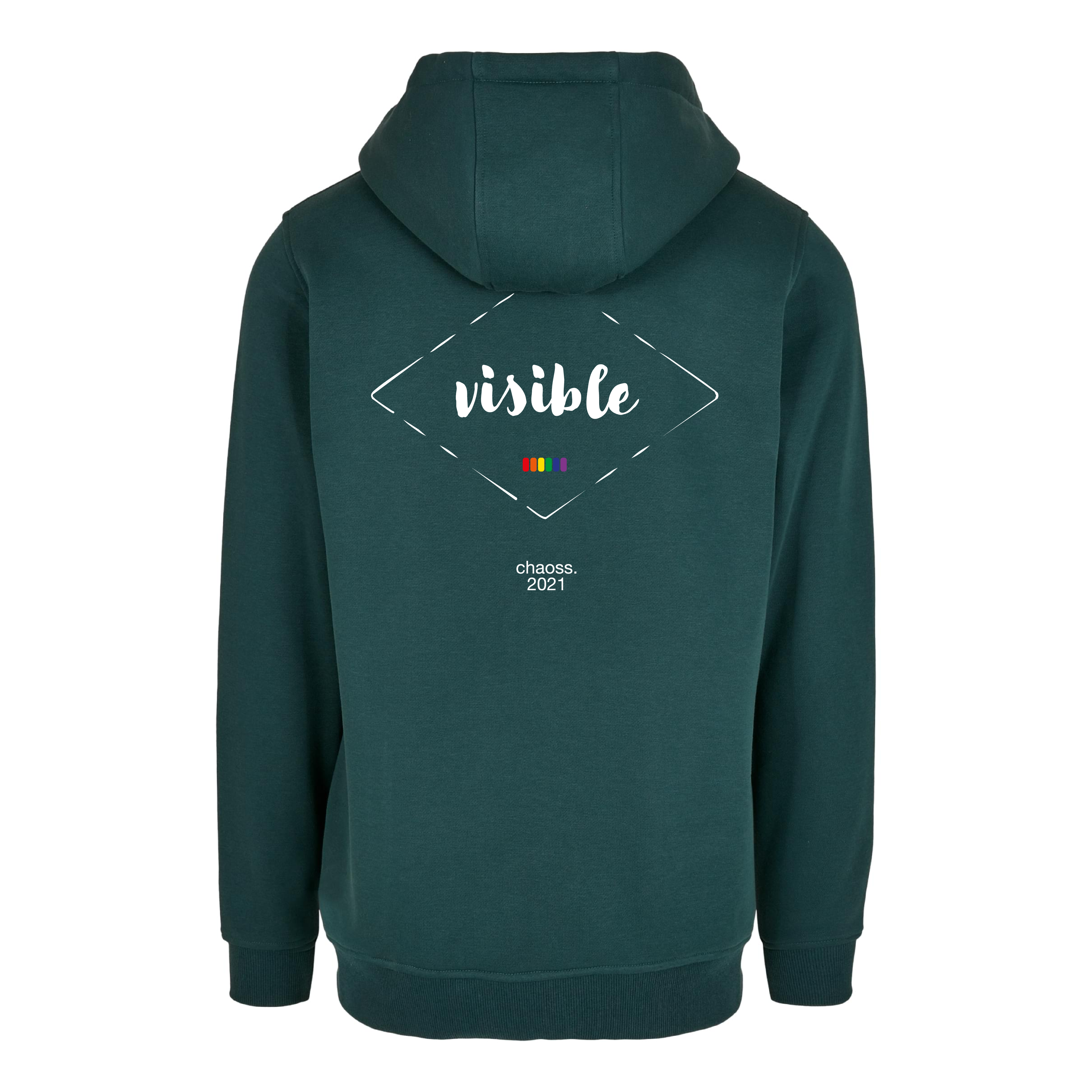 Dunkelgrüner Hoodie Visible, Rückansicht mit großem Statement-Print