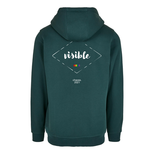 Dunkelgrüner Hoodie Visible, Rückansicht mit großem Statement-Print