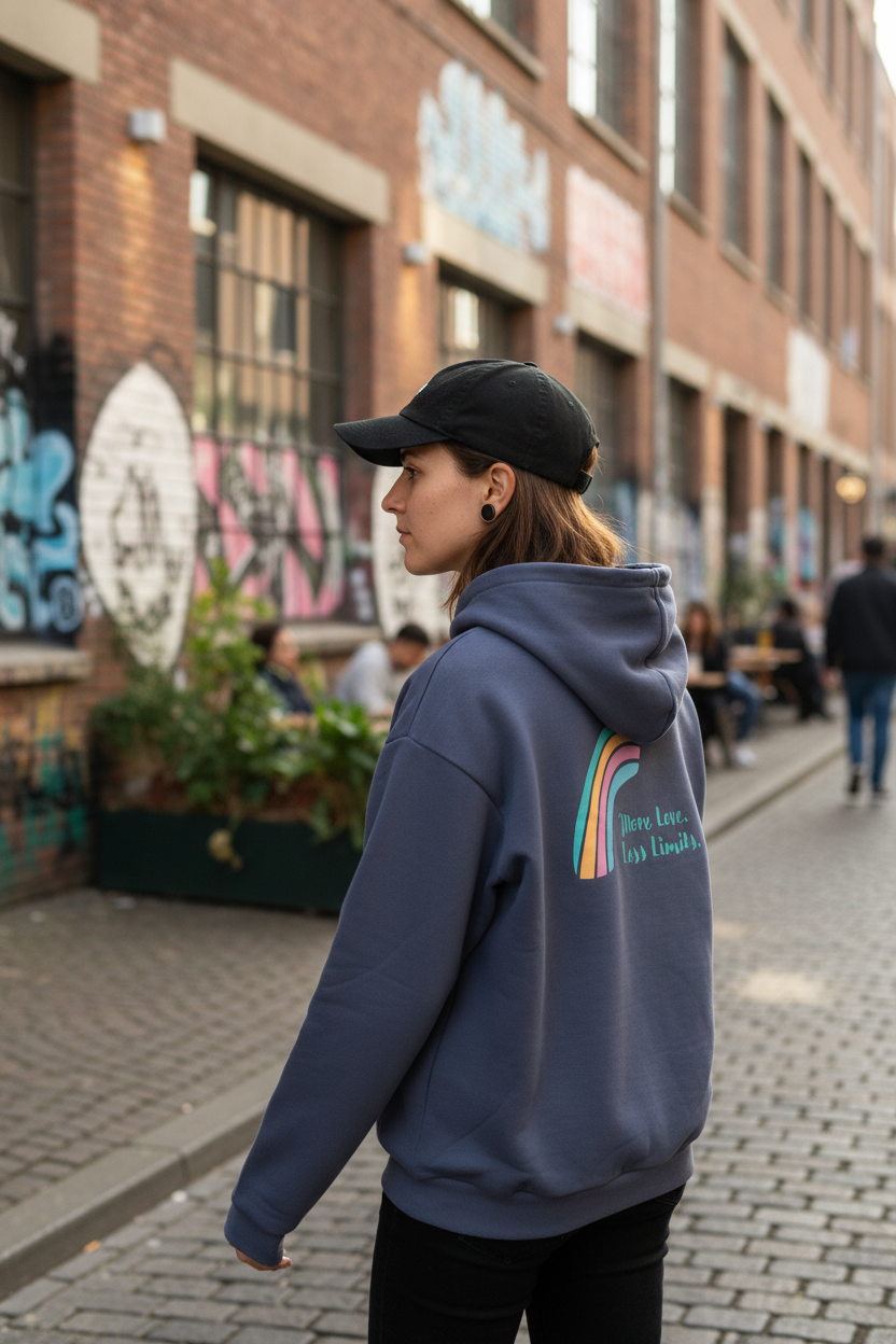 Frau mit schwarzer Kappe trägt den oversized Hoodie Feel Deeply, Live Loudly von Chaoss