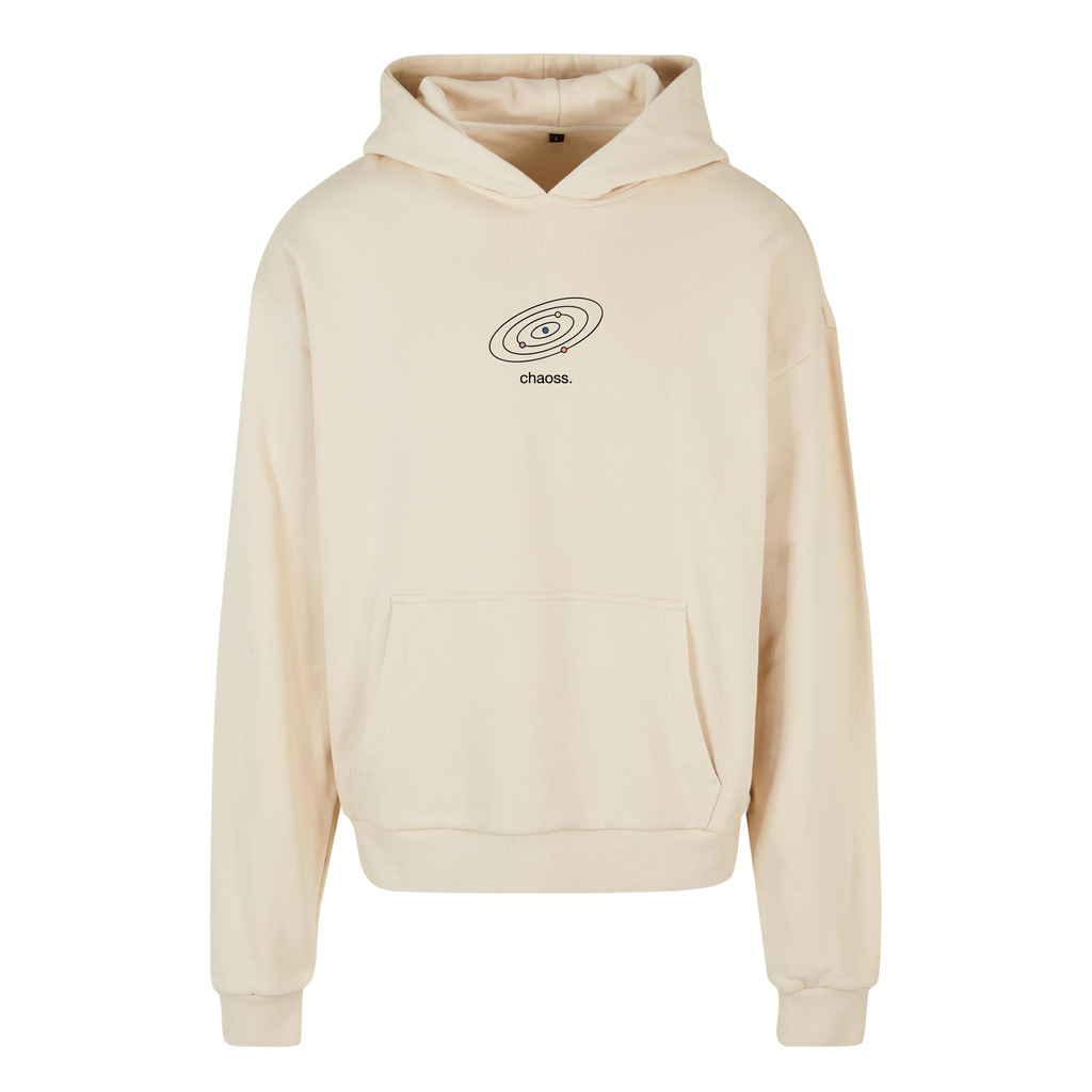Sandfarbener oversized Hoodie Mut, ehrlich zu sein von Chaoss, Frontansicht mit kleinem Sonnensystem
