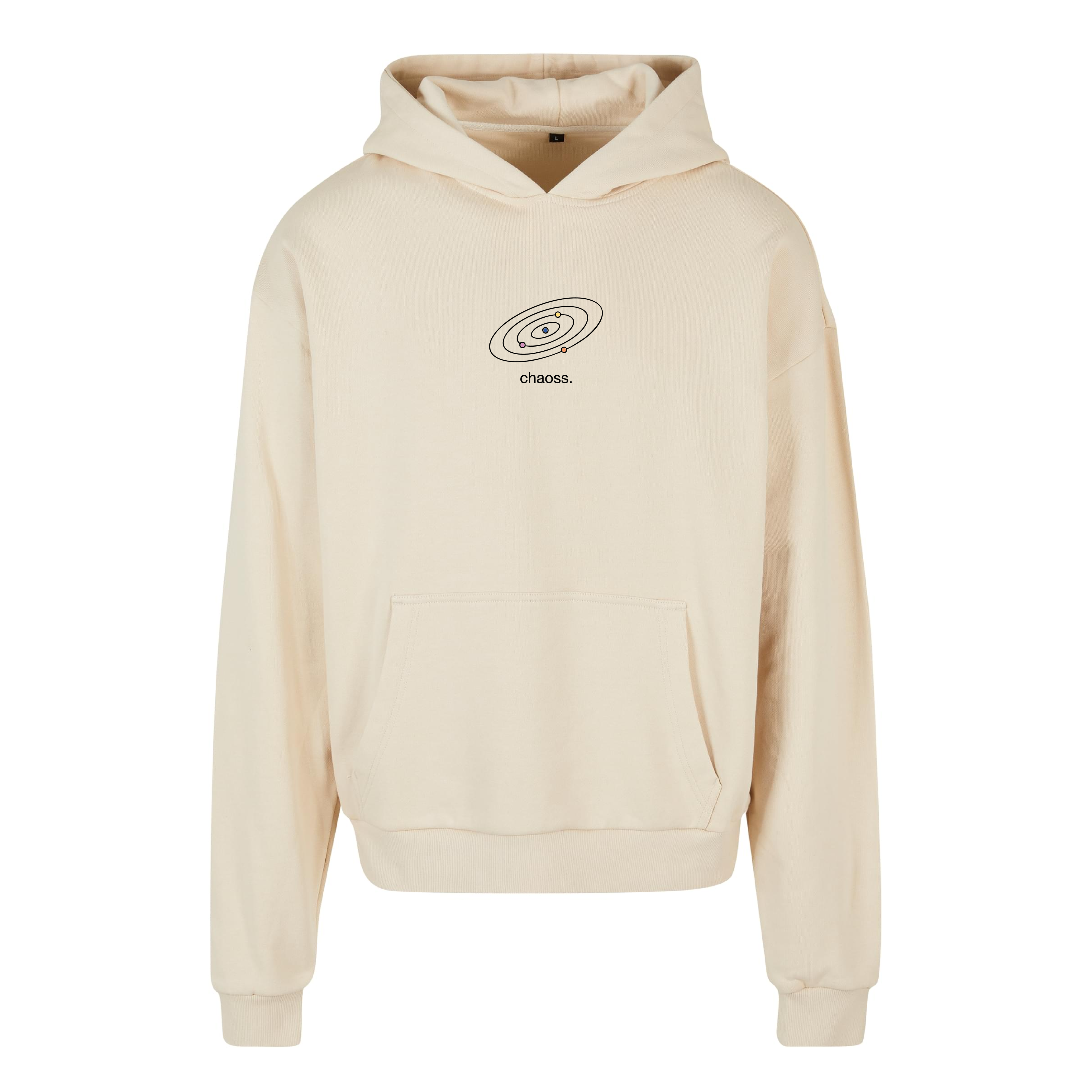 Sandfarbener oversized Hoodie Mut, ehrlich zu sein von Chaoss, Frontansicht mit kleinem Sonnensystem