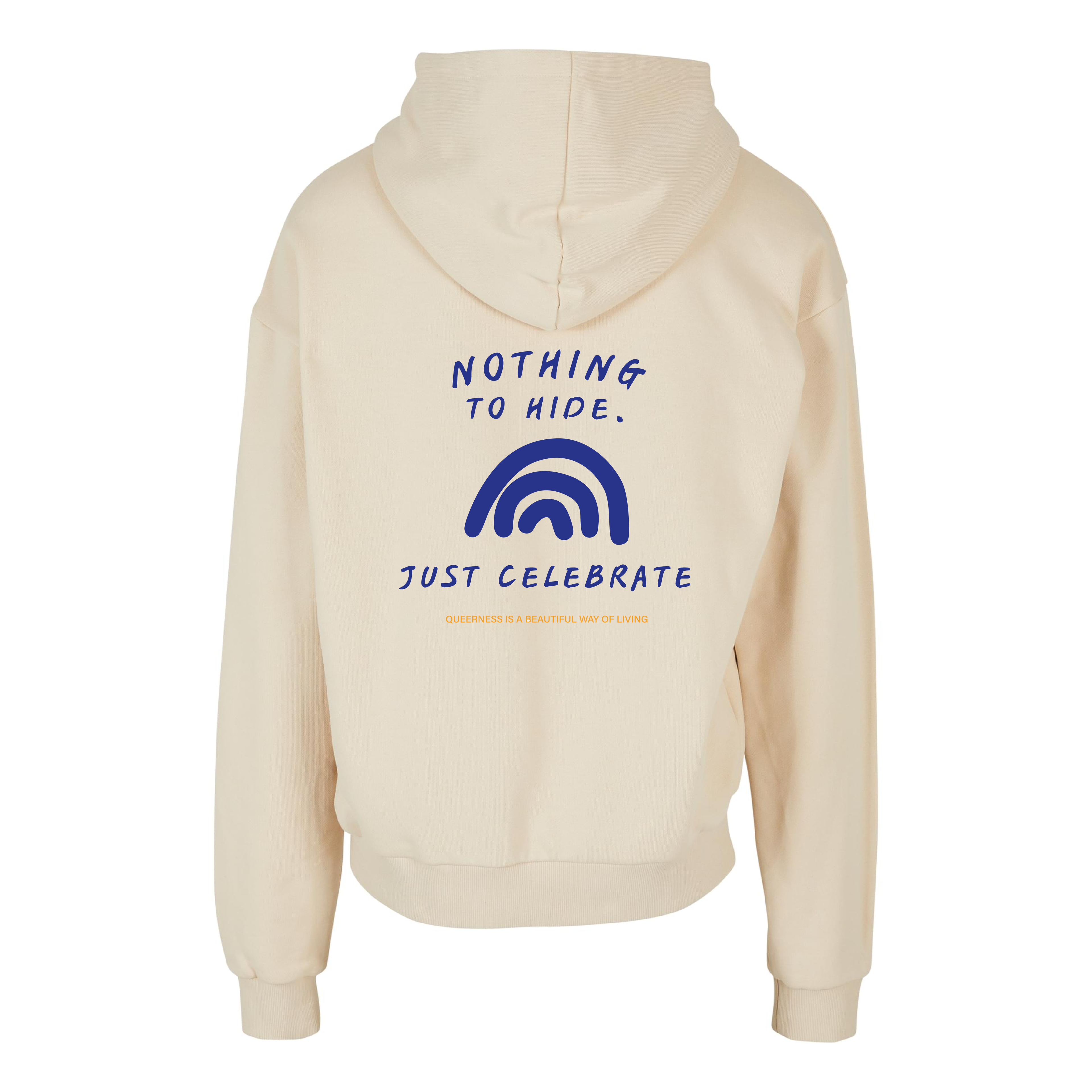 Sandfarbener oversized Hoodie Nothing to Hide, Rückansicht  mit großem Regenbogen-Motiv