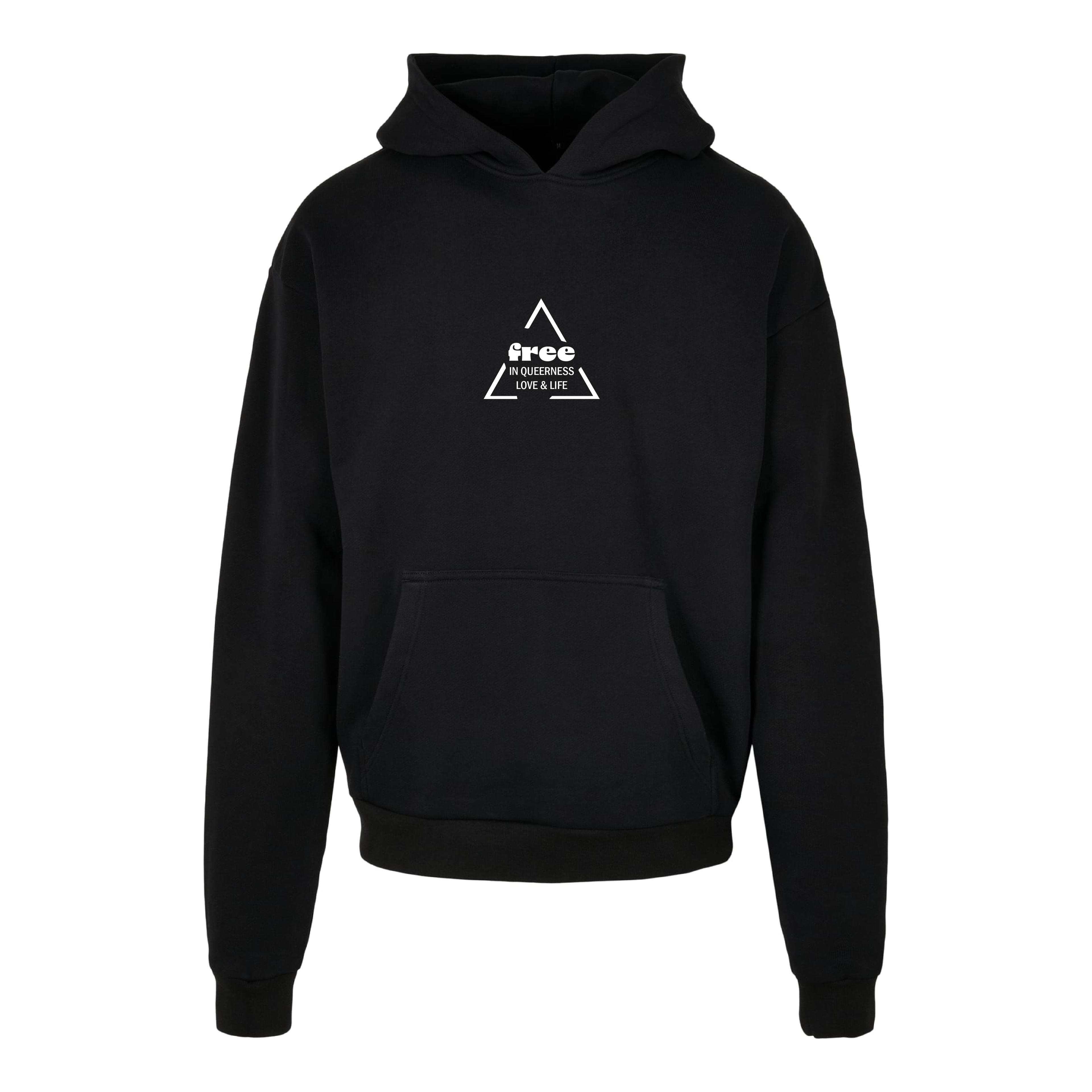 Schwarzer oversized Hoodie free von Chaoss, Frontansicht mit kleinem Dreieck-Print