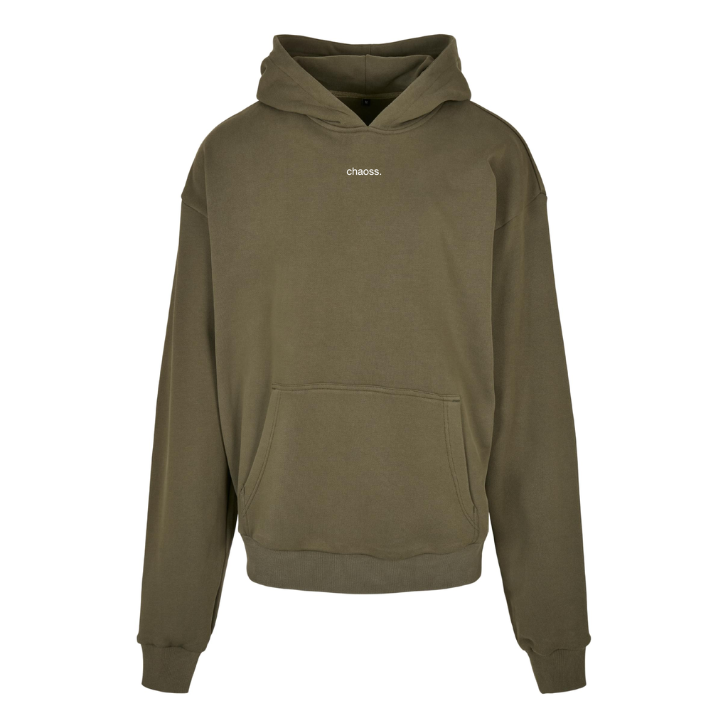Oversized Hoodie Queer & Loud in oliv, Frontansicht mit kleinem Chaoss Schriftzug