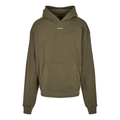 Oversized Hoodie Queer & Loud in oliv, Frontansicht mit kleinem Chaoss Schriftzug