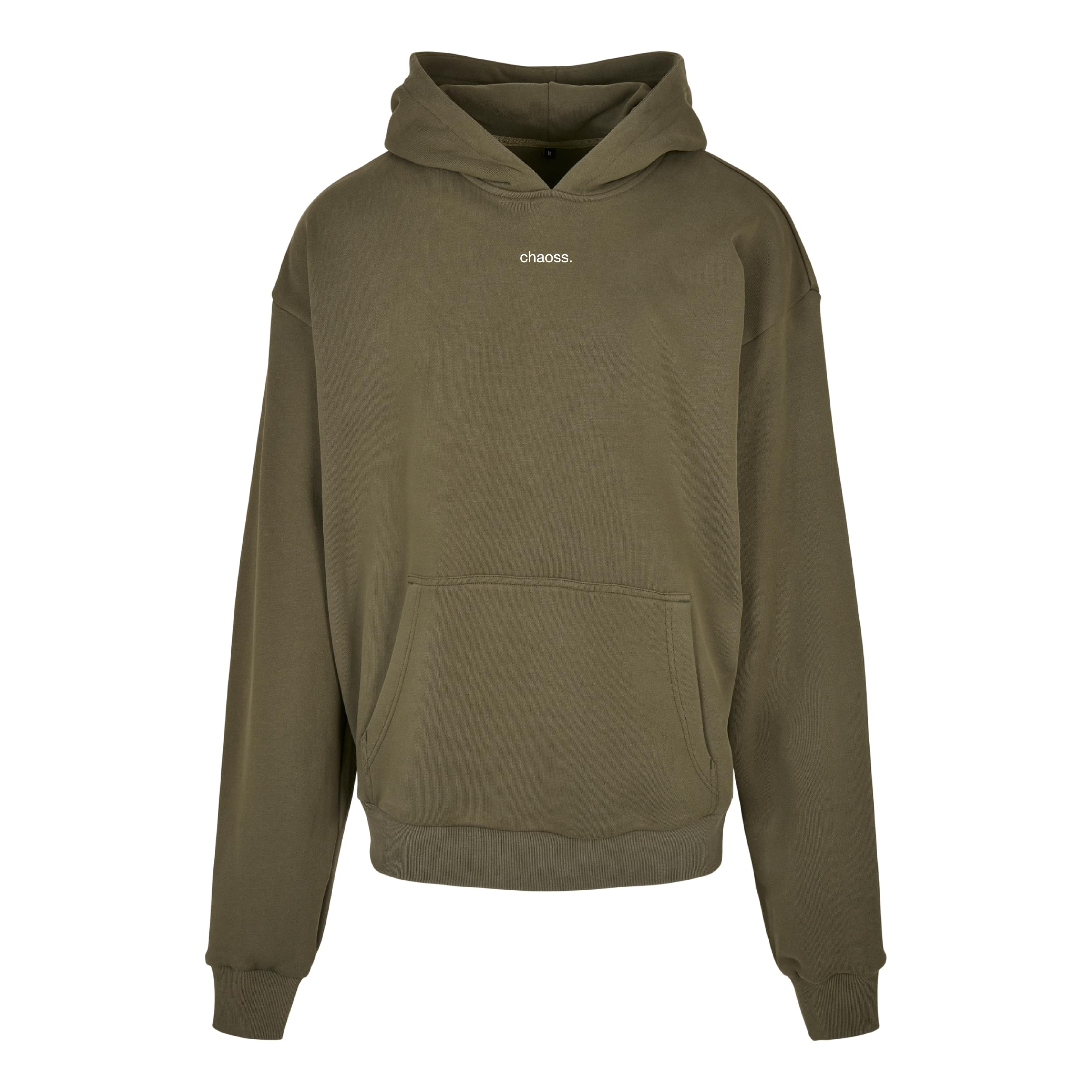 Oversized Hoodie Queer & Loud in oliv, Frontansicht mit kleinem Chaoss Schriftzug