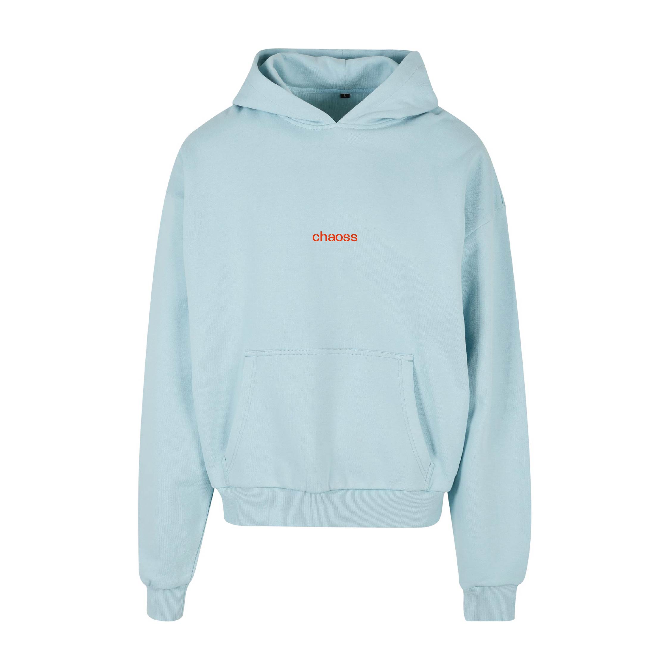 Hellblauer oversized Hoodie Original Line, Frontansicht mit Chaoss Schriftzug