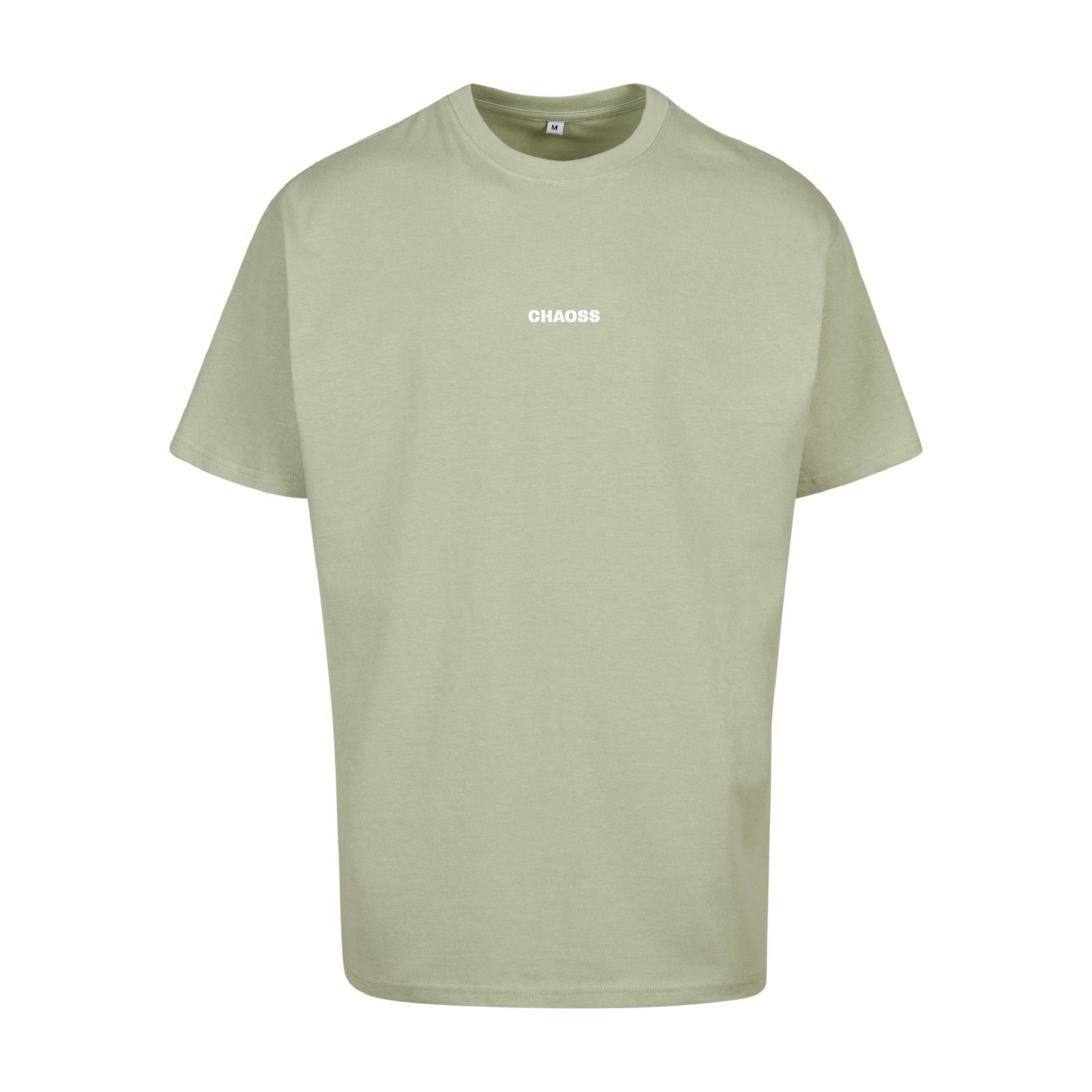 grünes T-Shirt Individual & Equal, Frontansicht mit kleinem Chaoss Schriftzug