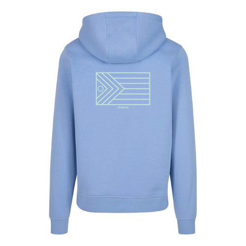 Blauer Hoodie Original Flag von Chaoss, Rückansicht mit großer Pride-Flagge