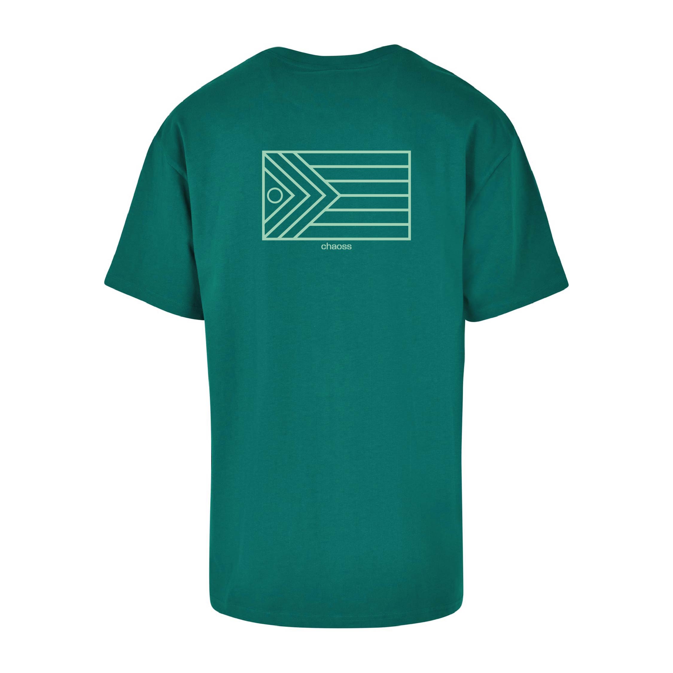 Grünes T-Shirt Flag, Rückansicht mit großer Pride-Flagge