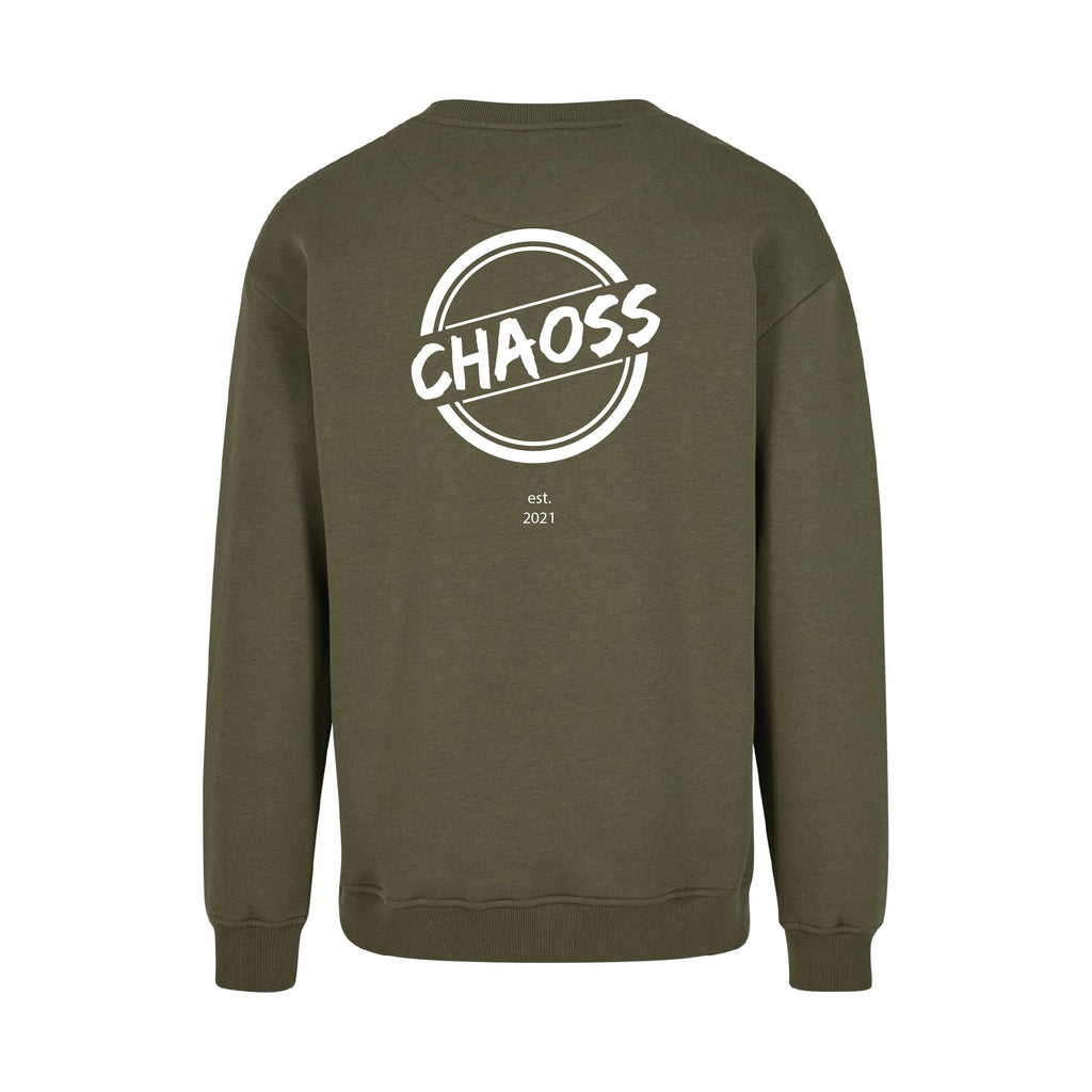 Olivfarbener Pullover Original Stamp, Rückansicht mit großem Stamp-Print