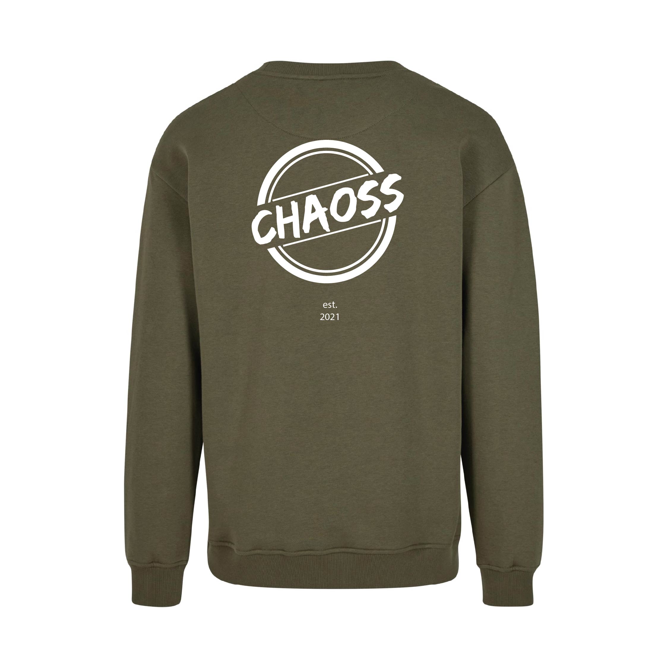 Olivfarbener Pullover Original Stamp, Rückansicht mit großem Stamp-Print