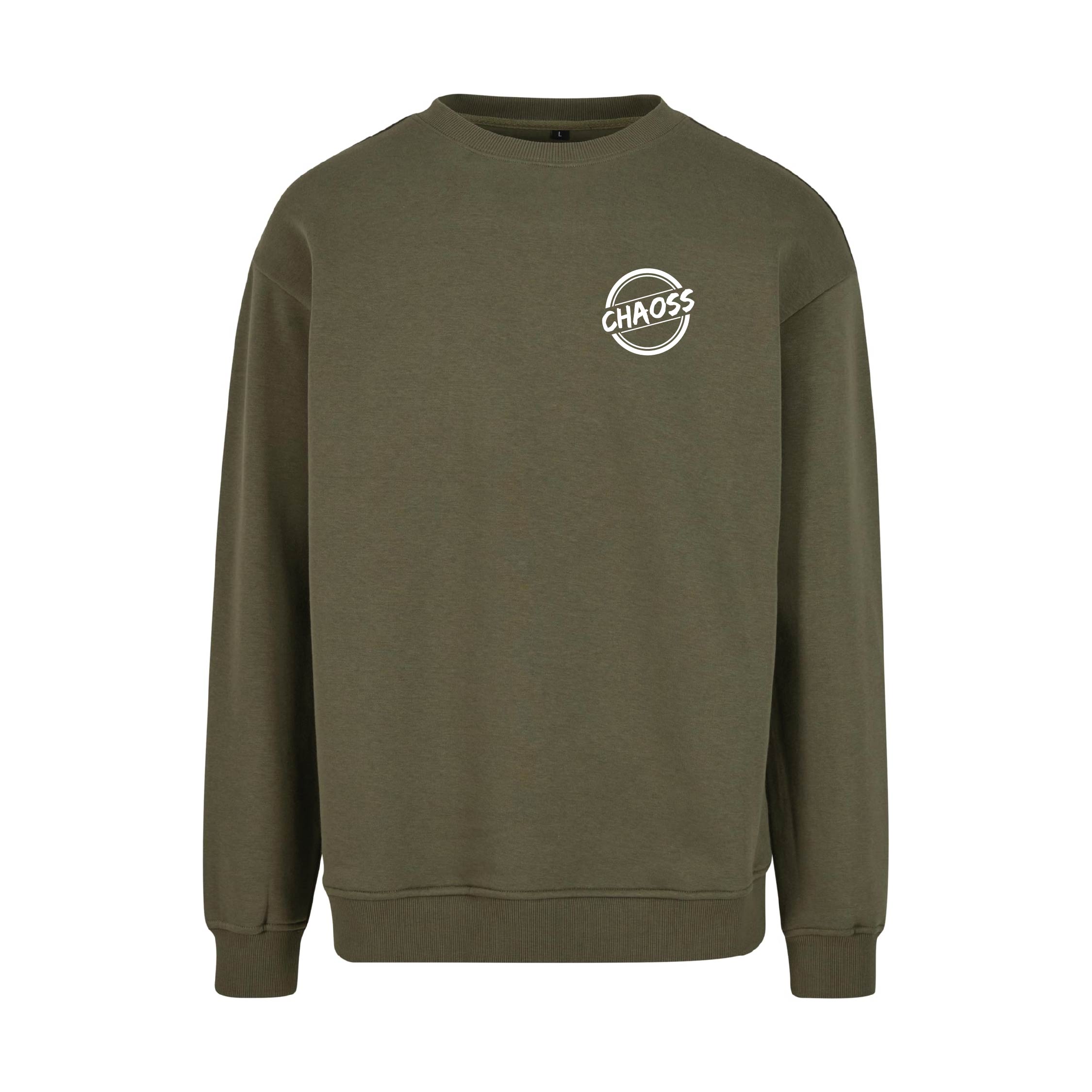 Olivfarbener Pullover Original Stamp von Chaoss, Frontansicht mit kleinem Stamp-Print