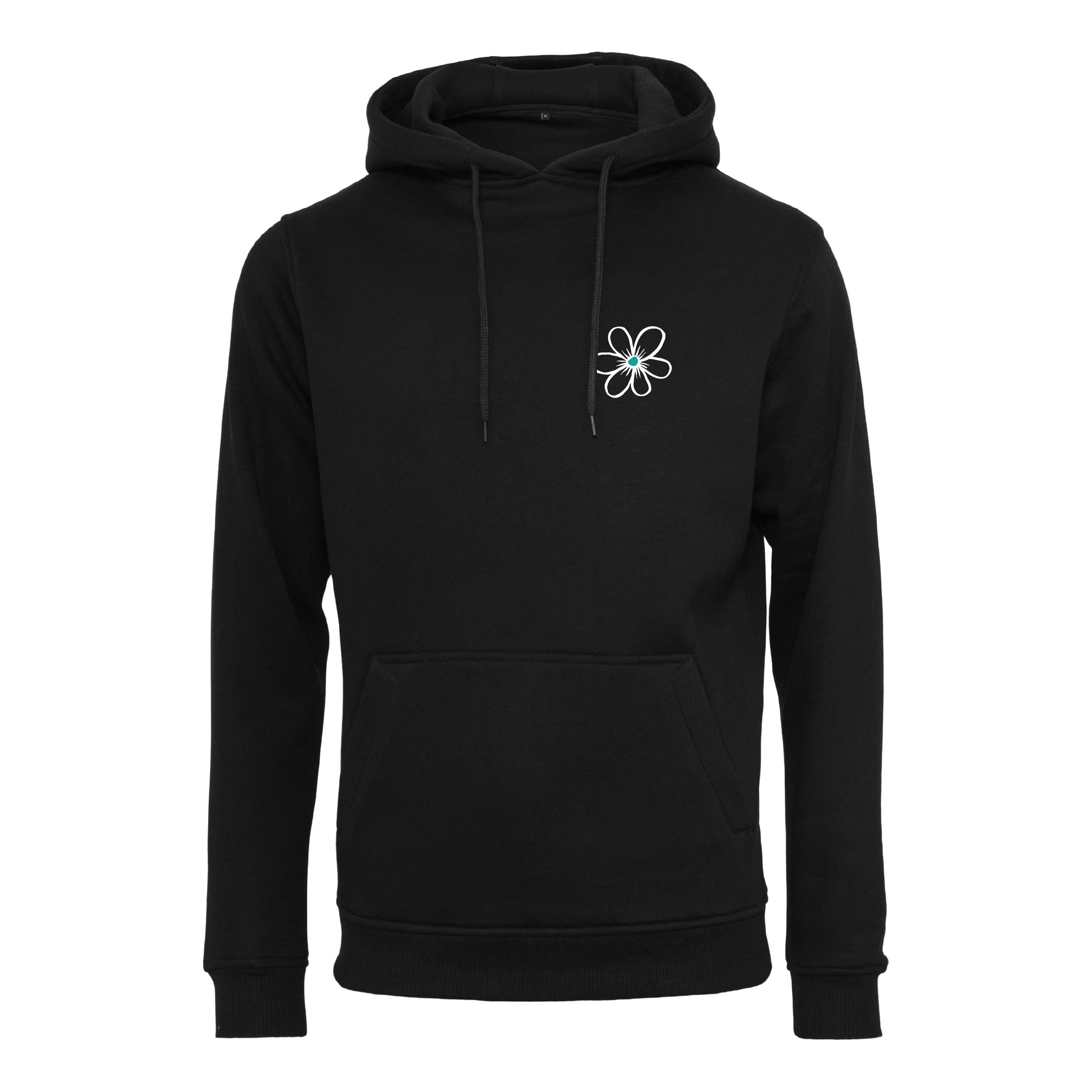 Schwarzer Hoodie Original Happy Flower von Chaoss, Frontansicht mit kleinem Blumen-Print