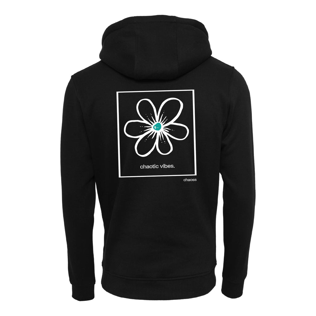 Schwarzer Hoodie Original Happy Flower von Chaoss, Rückansicht mit großem Blumen-Print