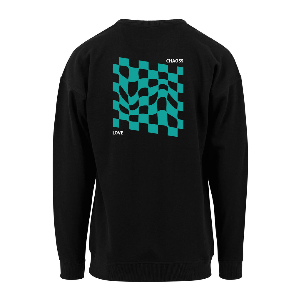 Pullover in schwarz mit Türkisen  Karo-Print auf dem Rücken