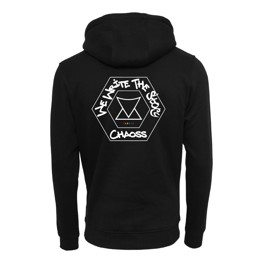 Schwarzer Hoodie Original We Write The Story, Rückansicht mit großem Statement-Print