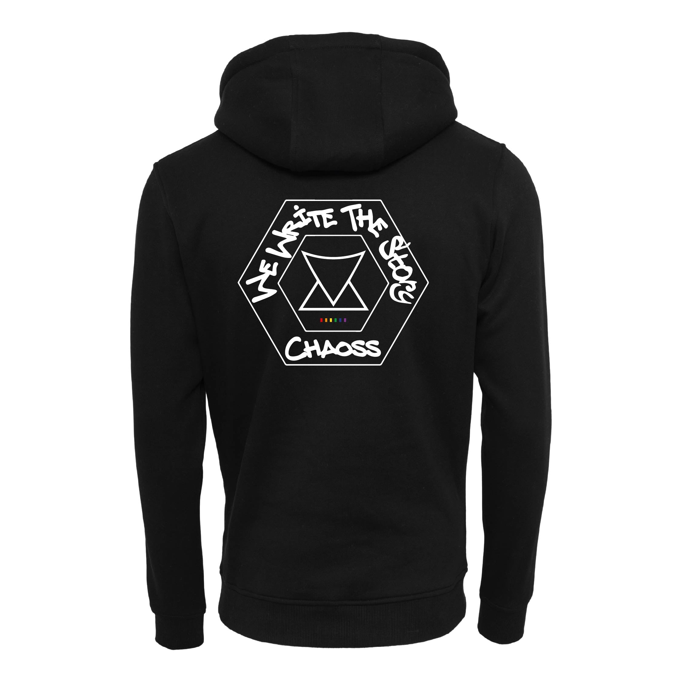 Schwarzer Hoodie Original We Write The Story, Rückansicht mit großem Statement-Print
