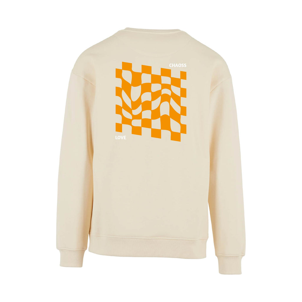 Pullover in off-white mit orangenem Karo-Print auf dem Rücken