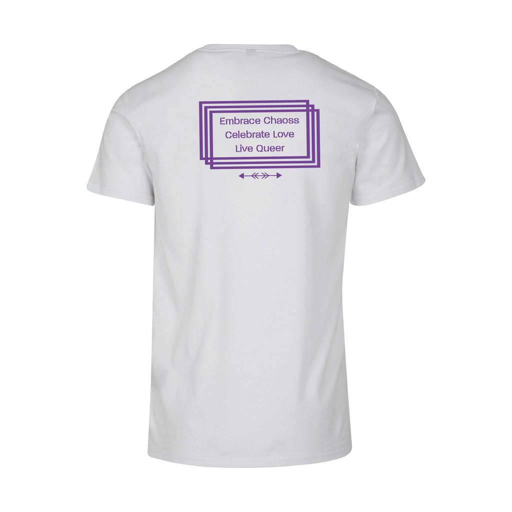 Weißes T-Shirt Call, Rückansicht mit großem Statement-Print